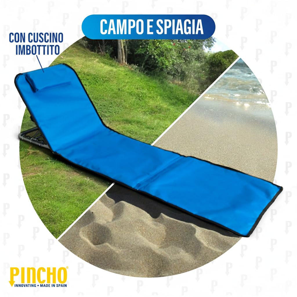 Pincho Lettino Prendisole Pieghevole, Set 2 Sdraio da Spiaggia, Materassino Mare, Spiaggina Mare Pieghevole con Schienale Regolabile, Stuoia Campeggio Portatile con Cuscino - 155x55 cm, 1,4 kg