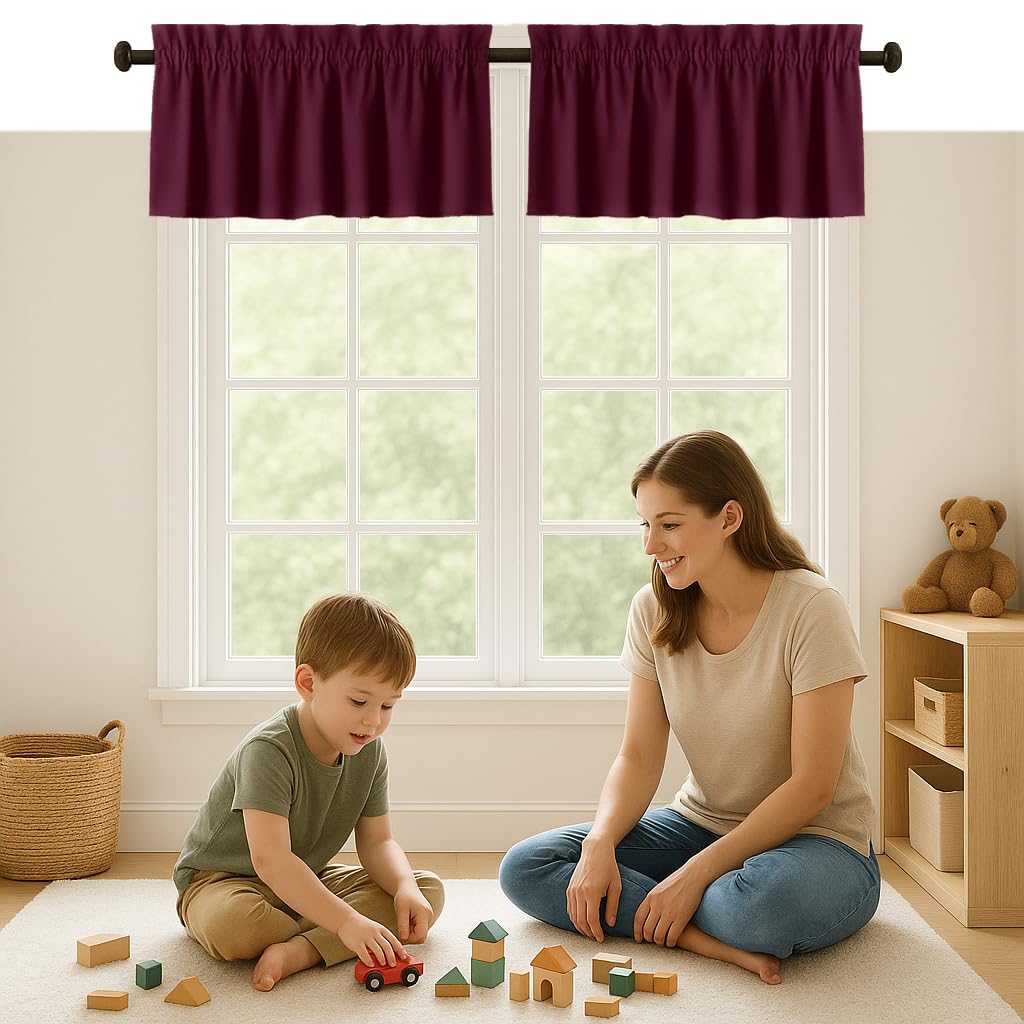 Softopia Cotton Burgundy Valance Curtains 2 Pack, 54x18 Inches, 100% Cotton, Rod Pocket Window Valances, Semi Sheer Short Curtain for Kitchen,