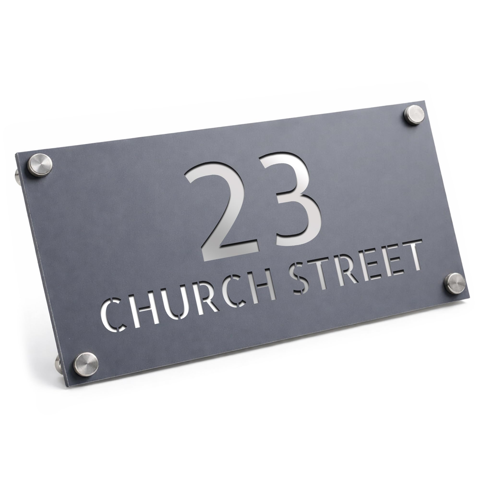 Red Ocean House Number Plaques - Matt Grey House Sign Plaque | Door Number For Outside Wall | Personalised Address Signs | Street Address Plaques (Grey With Silver Back)