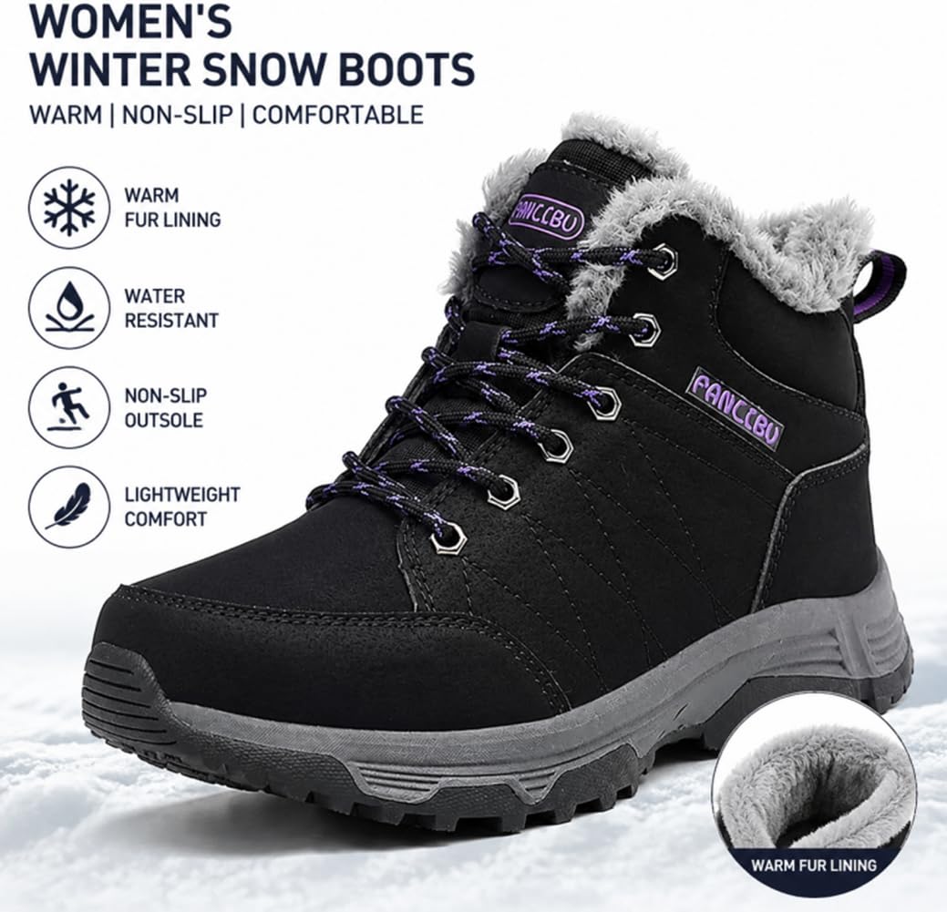 UIKGITP Botas deportivas de invierno impermeables para mujer, botas de nieve con forro de piel, botas de tobillo cálidas sin cordones, elegantes y mullidas para senderismo para mujer