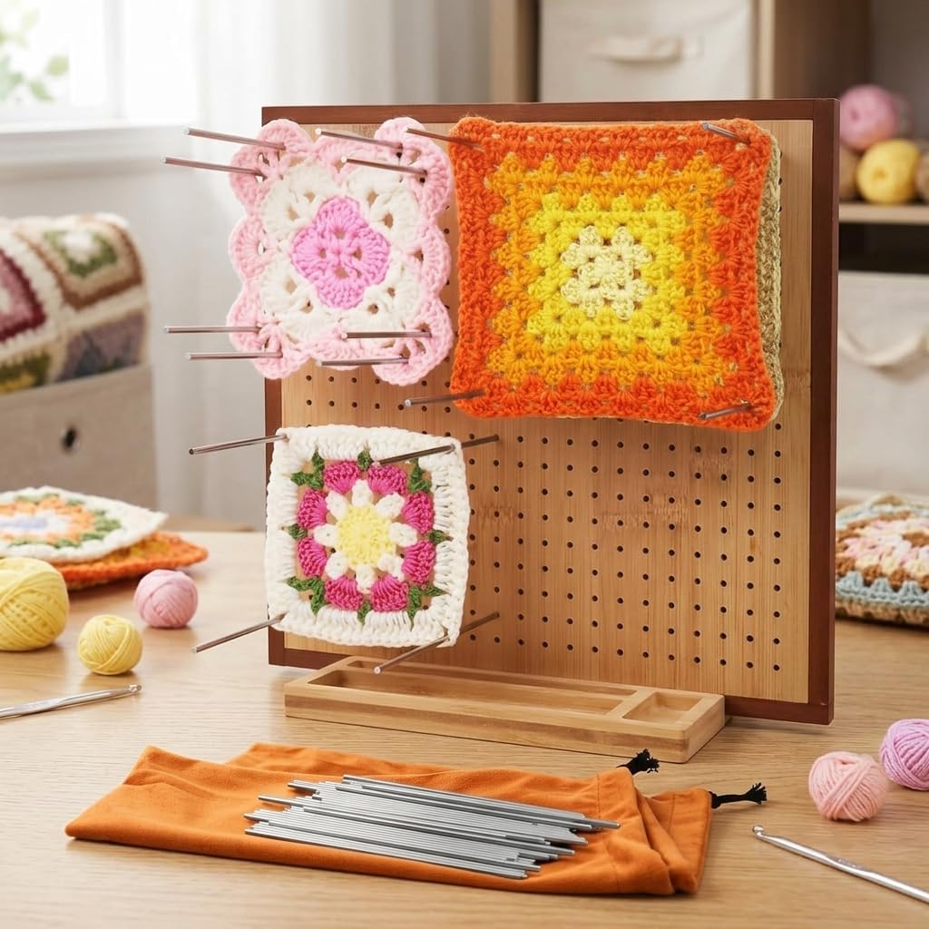 SILENRADAWN Crochet Blocking Board 41 Piece Wood Square Set with Steel Pins