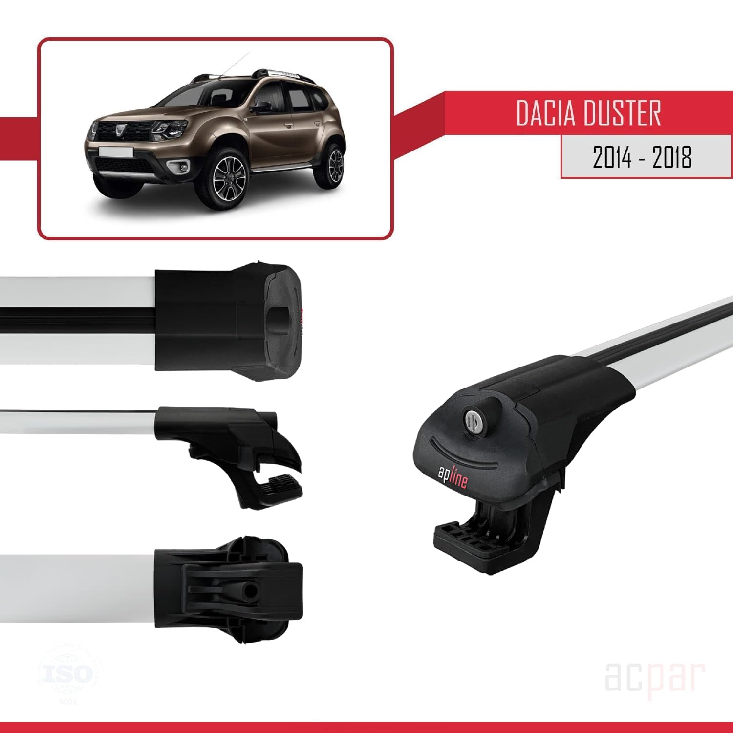 Compatibile con Dacia Duster (HS) Post-Facelift 2014-2017 Modello ACE-1 Barre Tetto Portapacchi Auto Barre Portatutto Grigio Alluminio 2 Barre