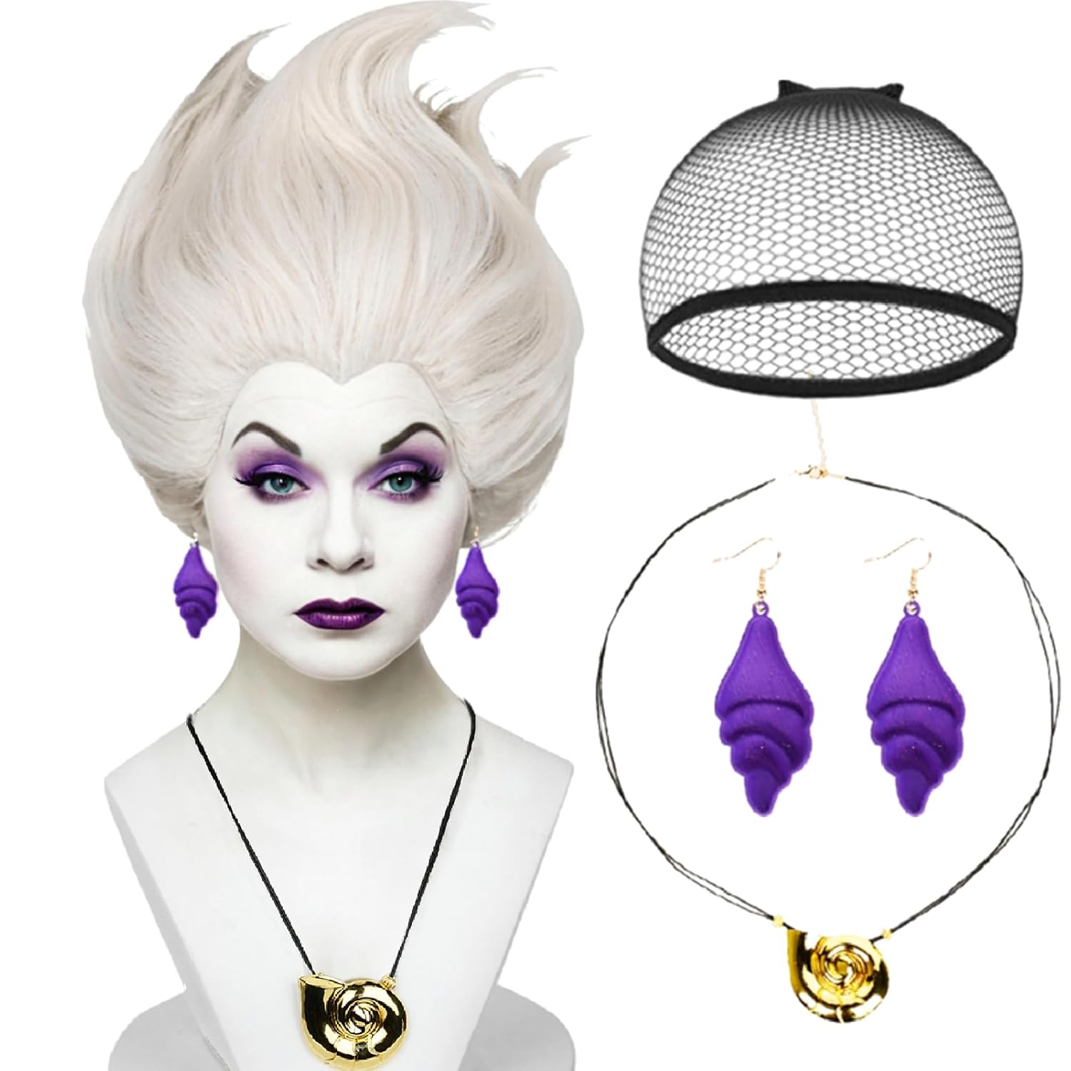 sea witch wig+shell necklace+earrings accessories for women wicked undersea witch cosplay, short silver white grey layered crazy wig+cap for halloween costume cosplay white grey + necklace + earrings