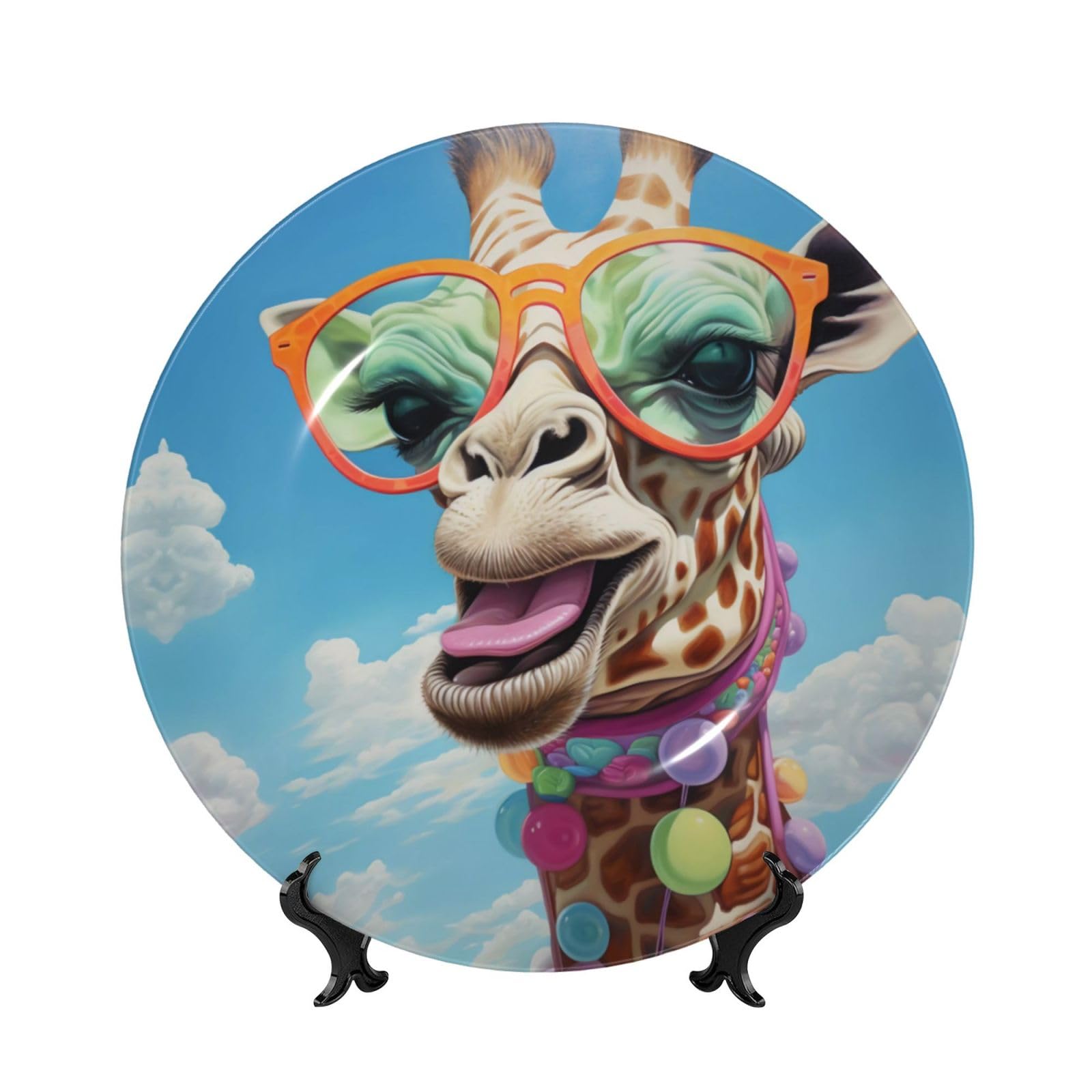 SXZVVBN Giraffe with colored glasses Bone China Decorative Plate Art with Stand Removable Adhesive Hanging for Home Office 7in