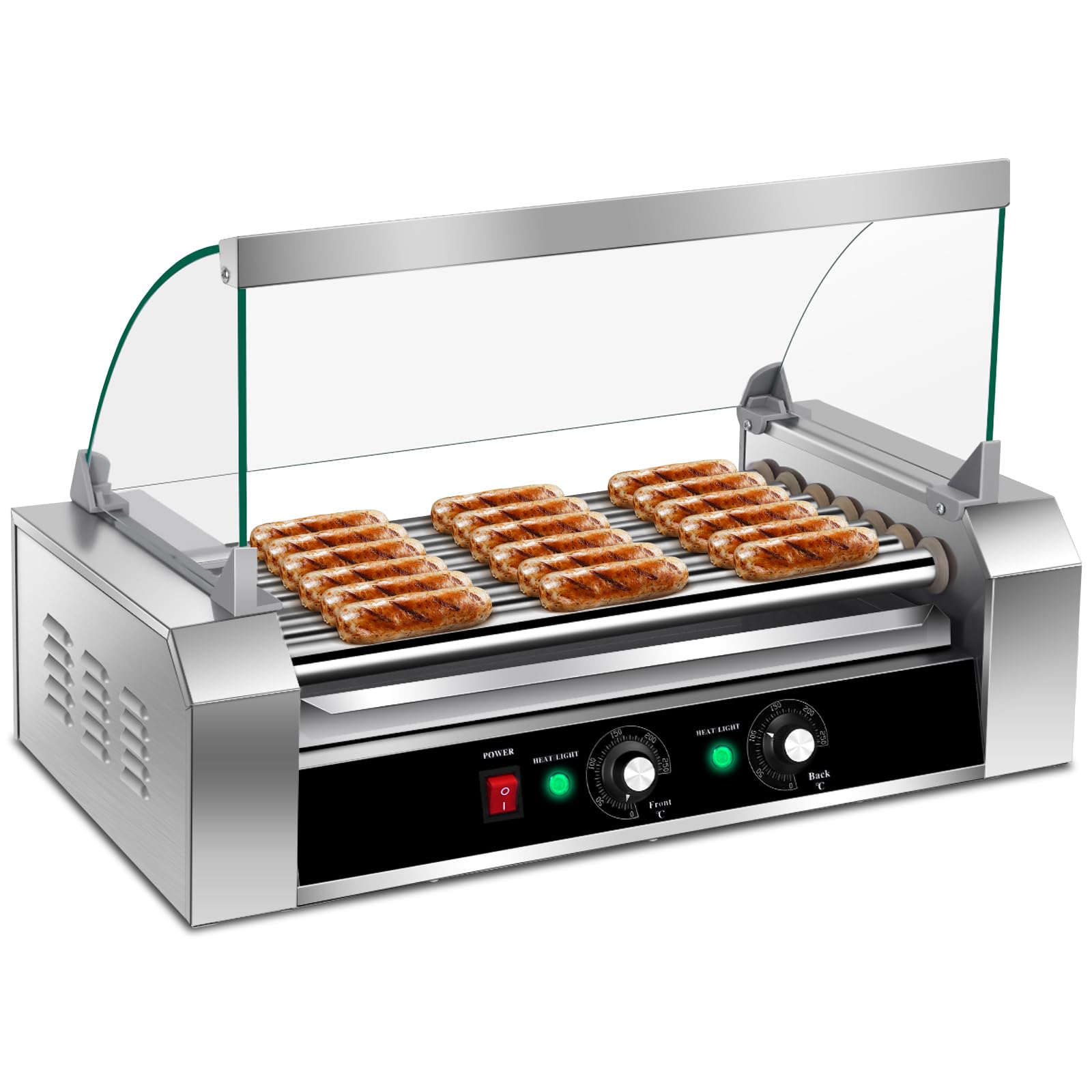 LDAILY Hot Dog Roller, 7 Rollers 18 Hot Dogs Capacity with Dual Temp Control, Removable Stainless Steel Oil Drip Tray & Glass Hood Cover, Non-Stick Commercial & Household Sausage Grill Cooker Machine