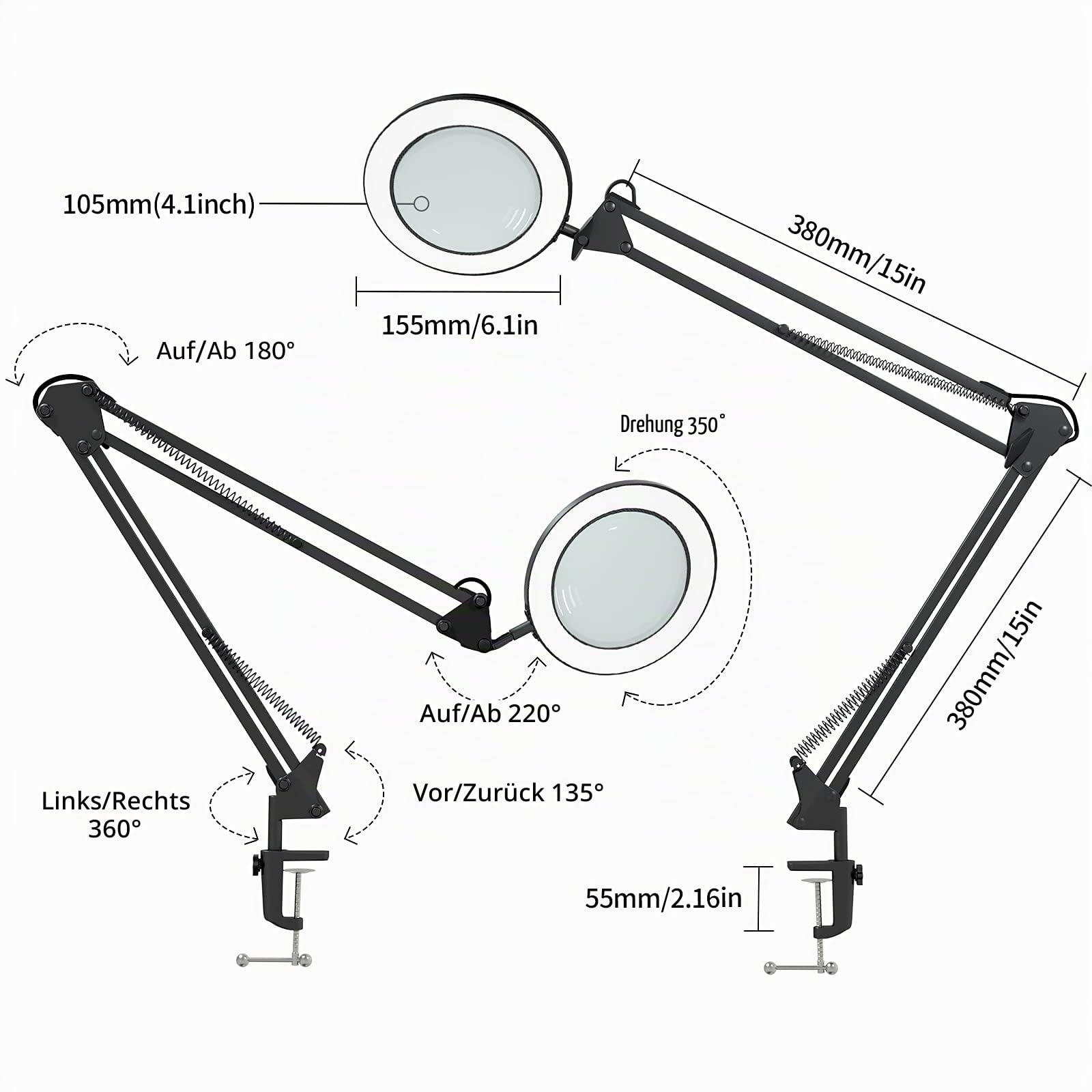 Lupenleuchte Lupenlampe / 105 mm 5-Dioptrien-Echtglas / 3 Farbmodi / 10-stufig Dimmbar / 750 LM Leuchten mit 72 LEDs / 90cm Arbeitsradius/USB-Anschluss (Schwarz)