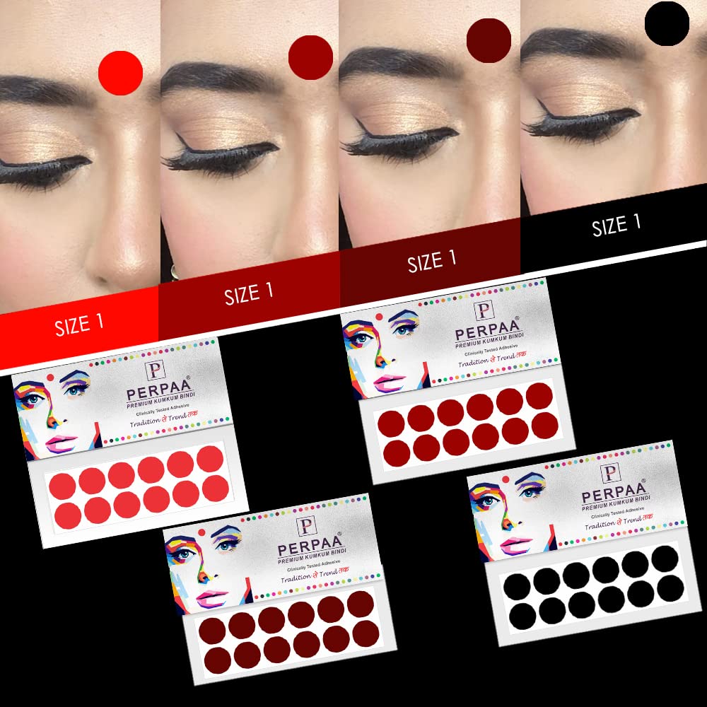 Perpaa® Multicolor Bindi for women Pack of 8 Flaps 2 Red bindi for women, 2 Light Maroon, 2 Dark Maroon,2 Black (Size 1, Diameter 15mm)