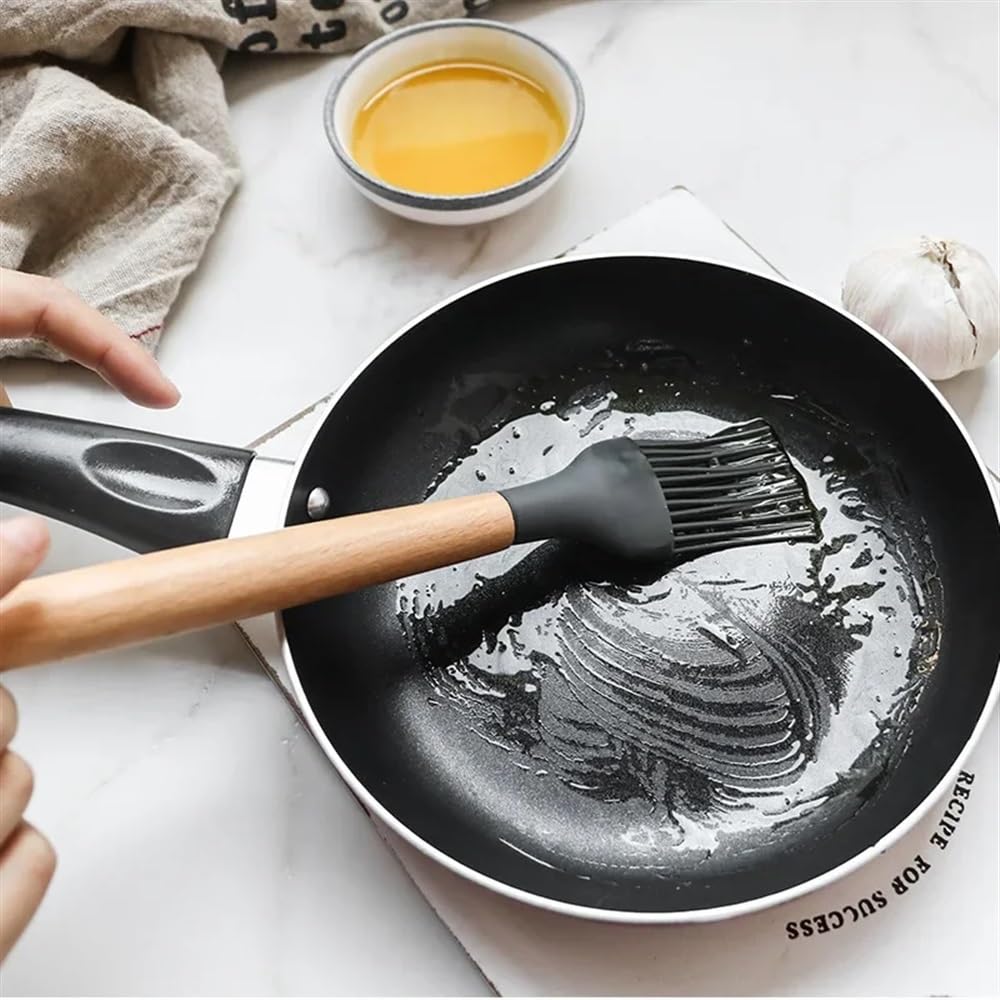 Set di utensili da cucina antiaderenti in silicone, 12 pezzi, spatola, pala, frusta per uova, manico in legno, set di utensili da cucina (nero, 12 pezzi)