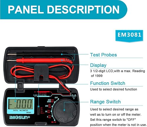 Miniatura 2 de allsun Rango manual Mini multímetro digital 6 funciones Voltímetro plegable de mano 3-1 Bolsillo de 2 dígitos DMM DCAC DC Amperímetro Ohm