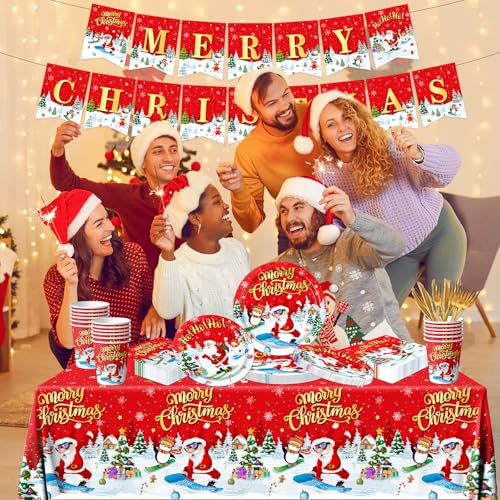 Christmas Party Supplies Tableware,142pcs Christmas Dinnerware Set Disposable Christmas Plates and Napkins Cups Tablecloth,Santa Plates for Xmas Holiday Christmas Party Decorations Kids – Image 7