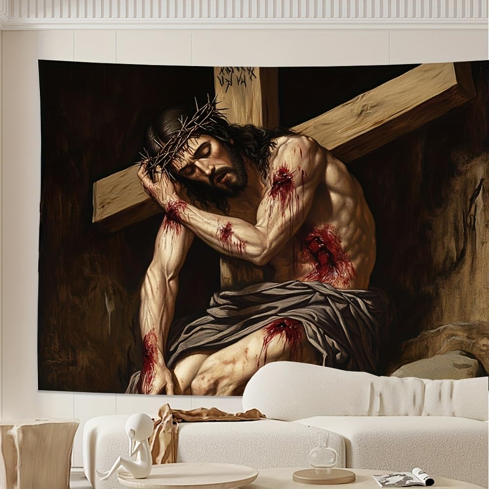 230x150CM Arazzo raffigurante la scena della croce di Gesù, da appendere alla parete in poliestere, per camera da letto, ufficio, dormitorio, decorazioni per feste, con pacchetto di installazione.