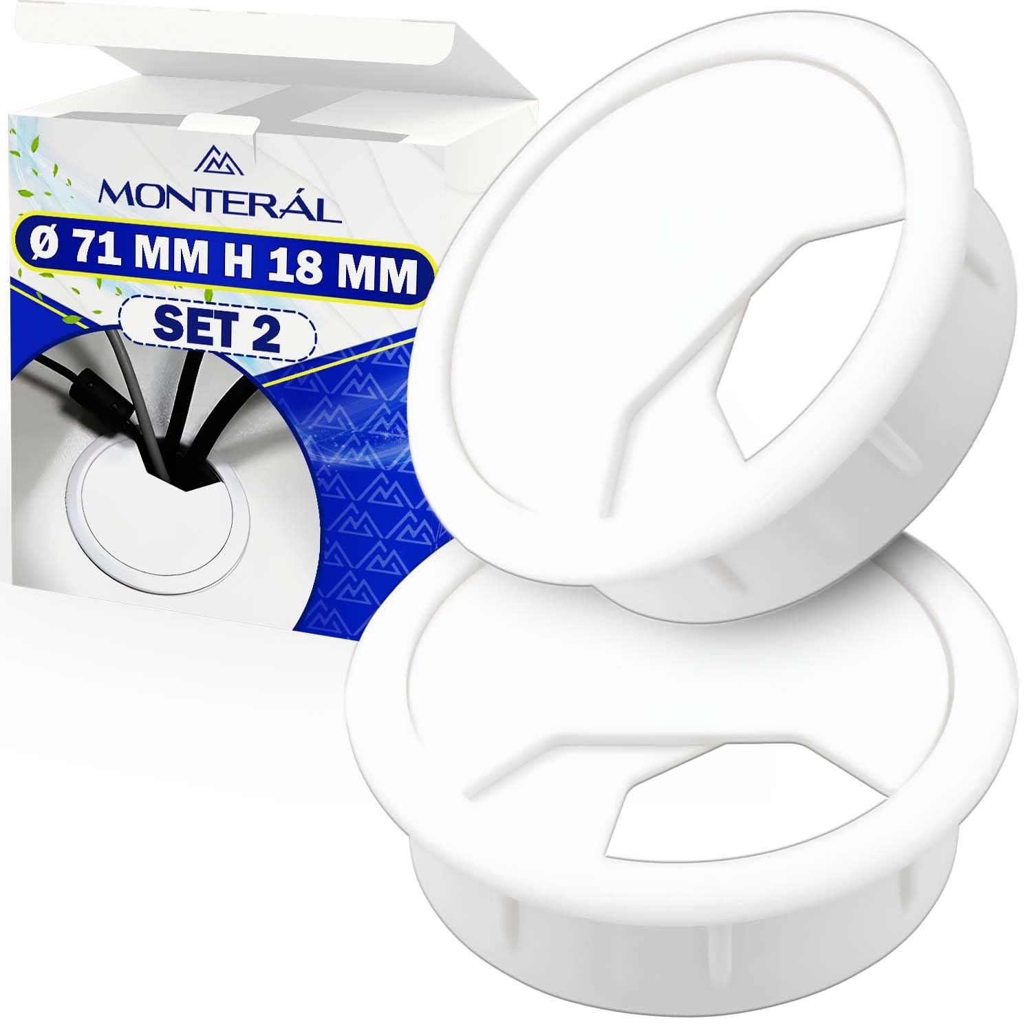 2 Pieces Desk Cable Grommet diameter 60/71 mm H 18 mm - Cable Grommet White Color - MONTERAL, 60mm x 18mm