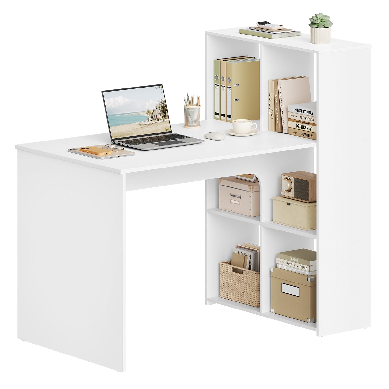 eSituro Escritorio Oficina con Estanterías 120x63x111 cm, 6 Estantes Almacenamiento Estable, Mesa PC para Estudio Dormitorio, Blanco