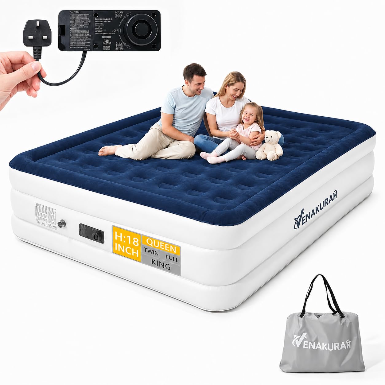 Colchón de aire premium King con bomba integrada, cama inflable de 46 cm de altura para invitados y camping, autollenado rápido en 3 minutos, superficie suave de flock, PVC a prueba de fugas
