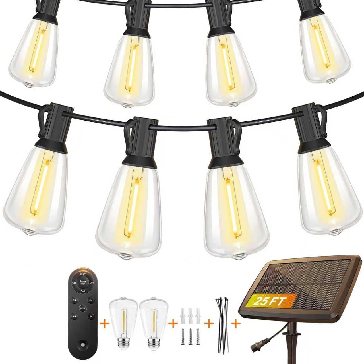 BLIATLUS Guirnalda de luces solares de 25 pies para exteriores, impermeable, con control remoto, 8 + 2 bombillas LED ST38 inastillables para porche, jardín, mercado, bistró, patio, valla