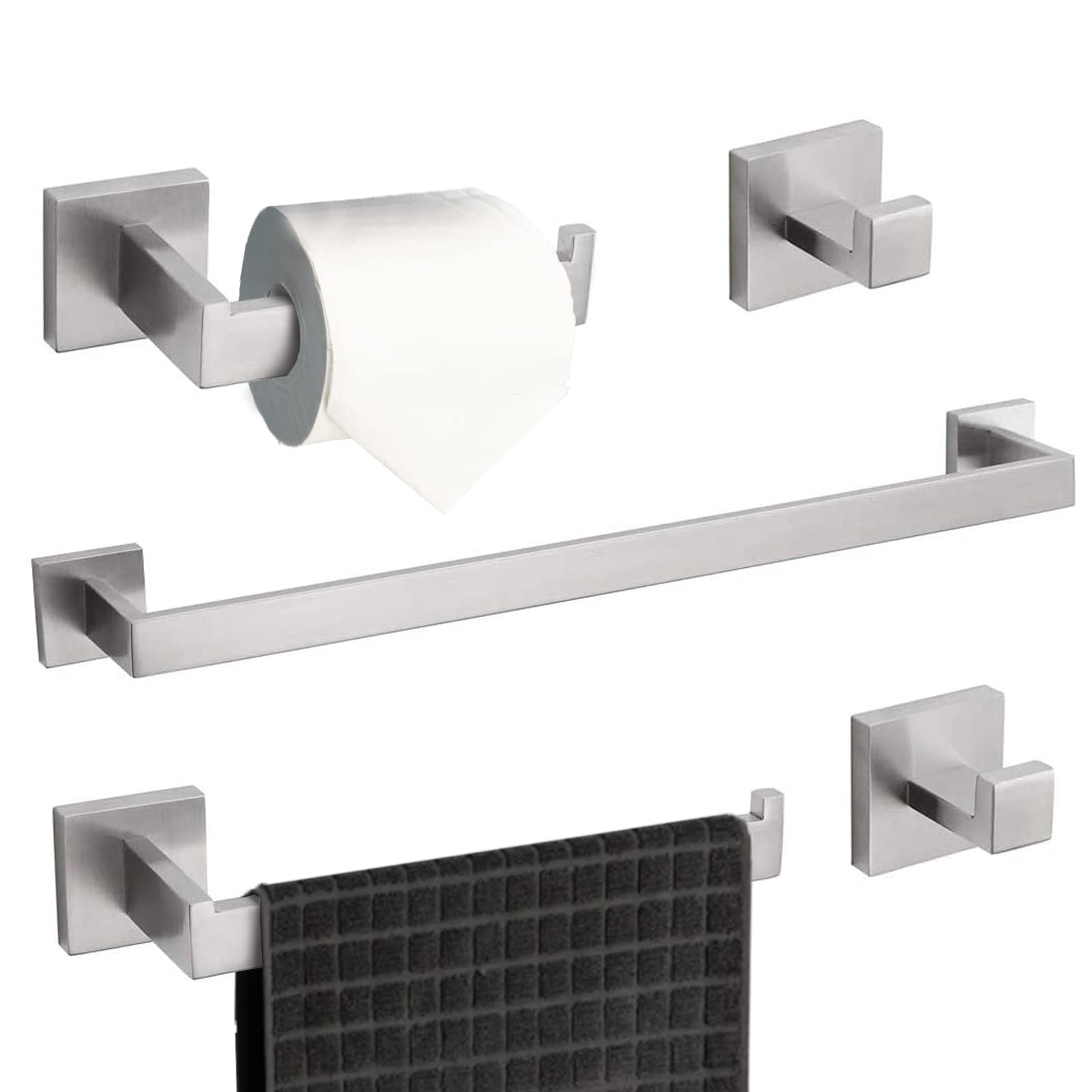 BATHLAVISH 5-Piece Bathroom Hardware Set Brushed Nickel Towel Bar Holder Sets Hand Towel Holder and 2 Towel Hooks, Stainless Steel Wall Mounted