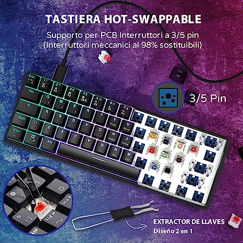 RK61 Tastiera Gaming Meccanica, 60% Tastiera Wireless 2.4Ghz/Bluetooth/USB-C RGB Backlit Interruttore Rosso Hot Swap Double-Shot Keycaps Compatibile con Win/Mac, Nero(QWERTY Layout Italiano) - Tastiera gaming - Immagine 2