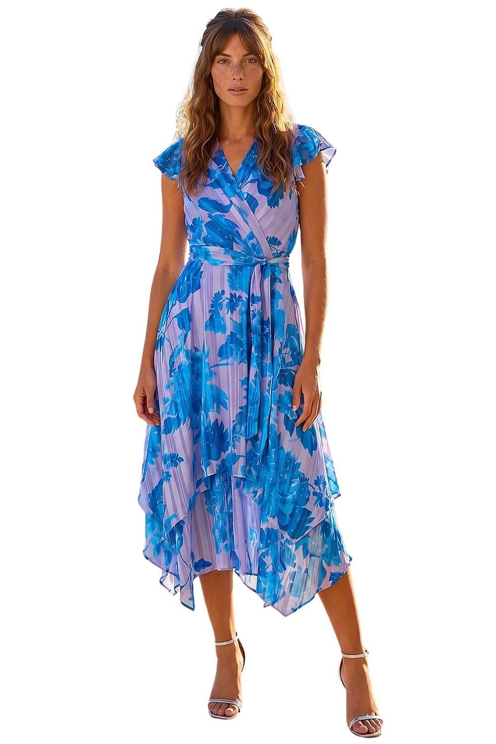 Roman Frill Dress for Women UK Ladies Summer Wrap Chiffon Frill Hem Layered Belted Midi Maxi Tiered Cape Special Occasion Fit & Flare Wedding Guest Swing Skater