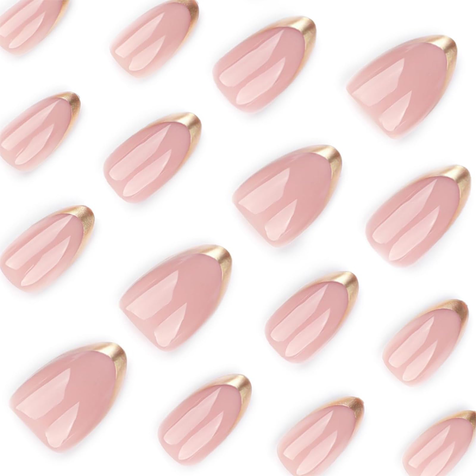 Press On Nails, 24 szt. Różowe krótkie sztuczne paznokcie ze złotymi końcówkami, błyszczące wykończenie żelowe, zestaw do paznokci wielokrotnego użytku z klejem dla kobiet