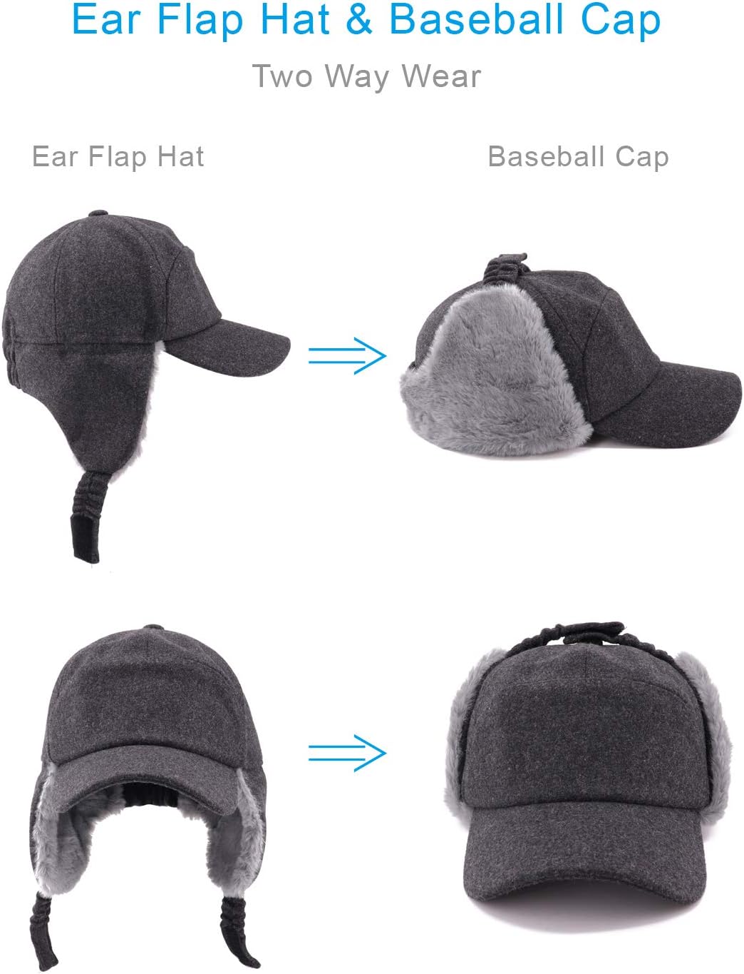 Gisdanchz Wool Baseball Hat with Visor and Ear Flaps Winter Warm Cap for Men Women