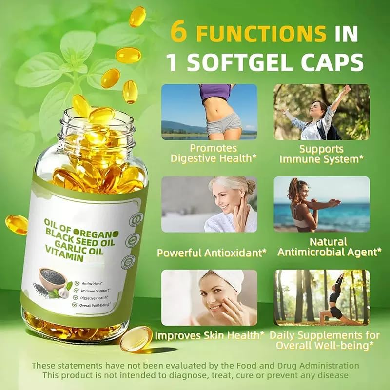 Oreganoöl mit Schwarzkümmelöl-Vitamin. Unterstützt das Immunsystem, die Atemwege, die Verdauung und Antioxidantien, gentechnikfrei, glutenfrei