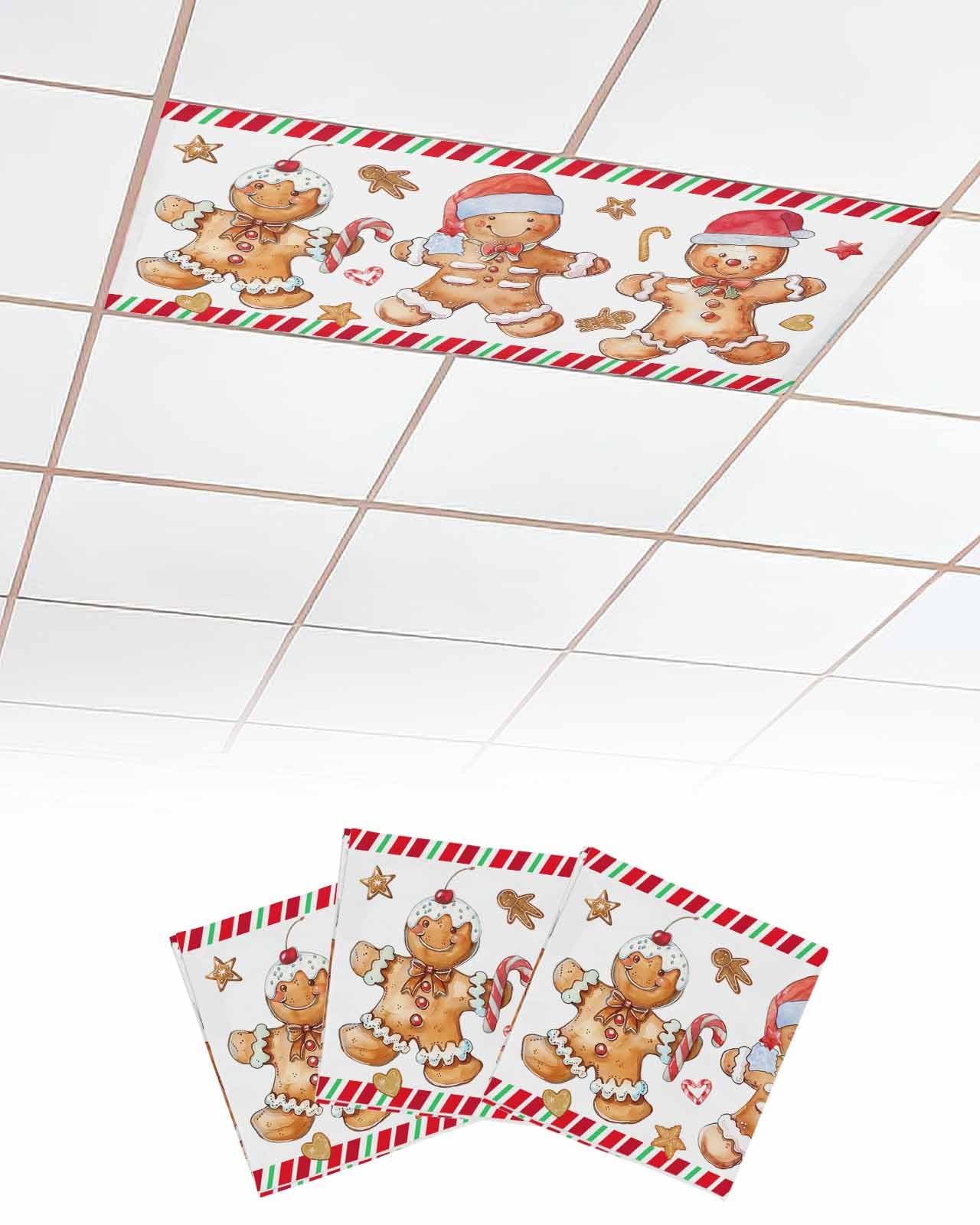 EwdeWwo Christmas 3 Pcs Fluorescent Light Covers for Ceiling Lights, Gingerbread Man Candy Xmas Magnetic Light Filters for Eliminate Harsh Glare Classroom Office Decoration, 4 x 2 Ft