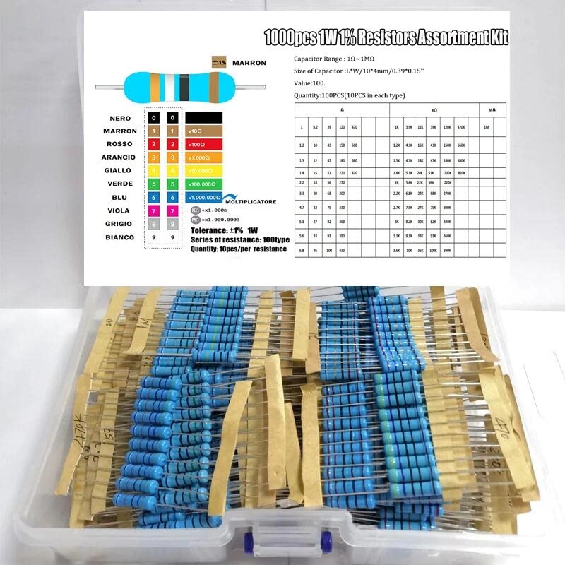 1000pcs 100Values ​​Ogni resistore del Film in Metallo 10pcs Kit Assortito 1% 1W (Kit Assortito (1 Ohm ~ 1m Ohm Capacitor Range) (Resistance : Without Box)