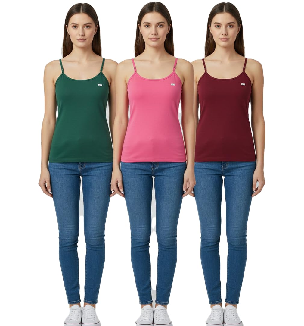 Cozy TRENZ Women's Cotton Regular Fit Camisole Slip Adjustable Strap Combo Pack 3-Small(S)-picture-30