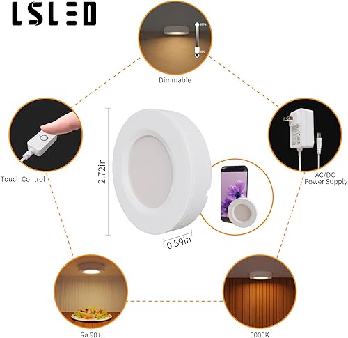 Miniatura 6 de Luces LED de disco con cable, regulables debajo del gabinete, carcasa de aluminio con interruptor táctil, paquete de 3 unidades de 9 W 3000 K blanco