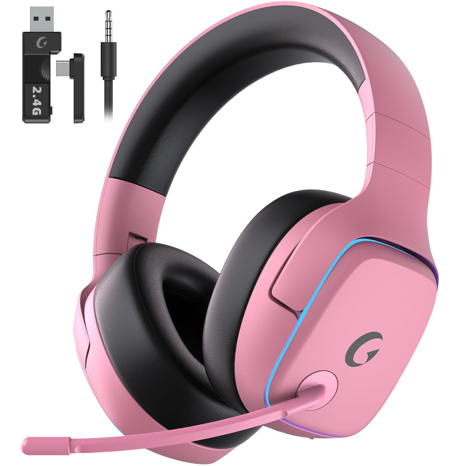 Photo 1 of Gvyugke 2.4GHz Wireless Gaming Headsets for PS5, PS4, PC, Switch - Bluetooth 5.3 Gaming Headphones with Noise Canceling Mic, 7.1 Surround Sound, 70H Battery, Blue Lighting - Blush Pink
