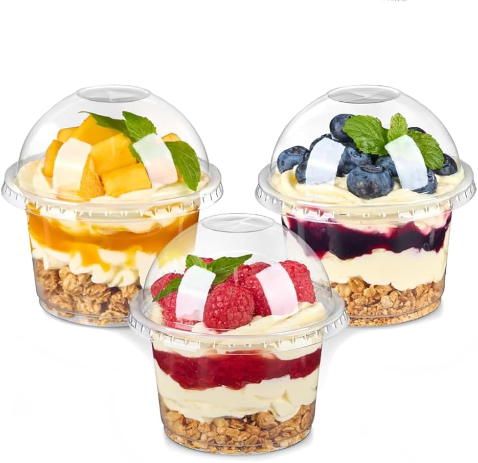 50 Pack 8 oz Plastic Dessert Cups with Dome Lids Disposable Ice Cream Cups Take Away Food Container for Ice Cream Yogurt Parfaits Cake Snacks Dessert Salad Pudding Fruit