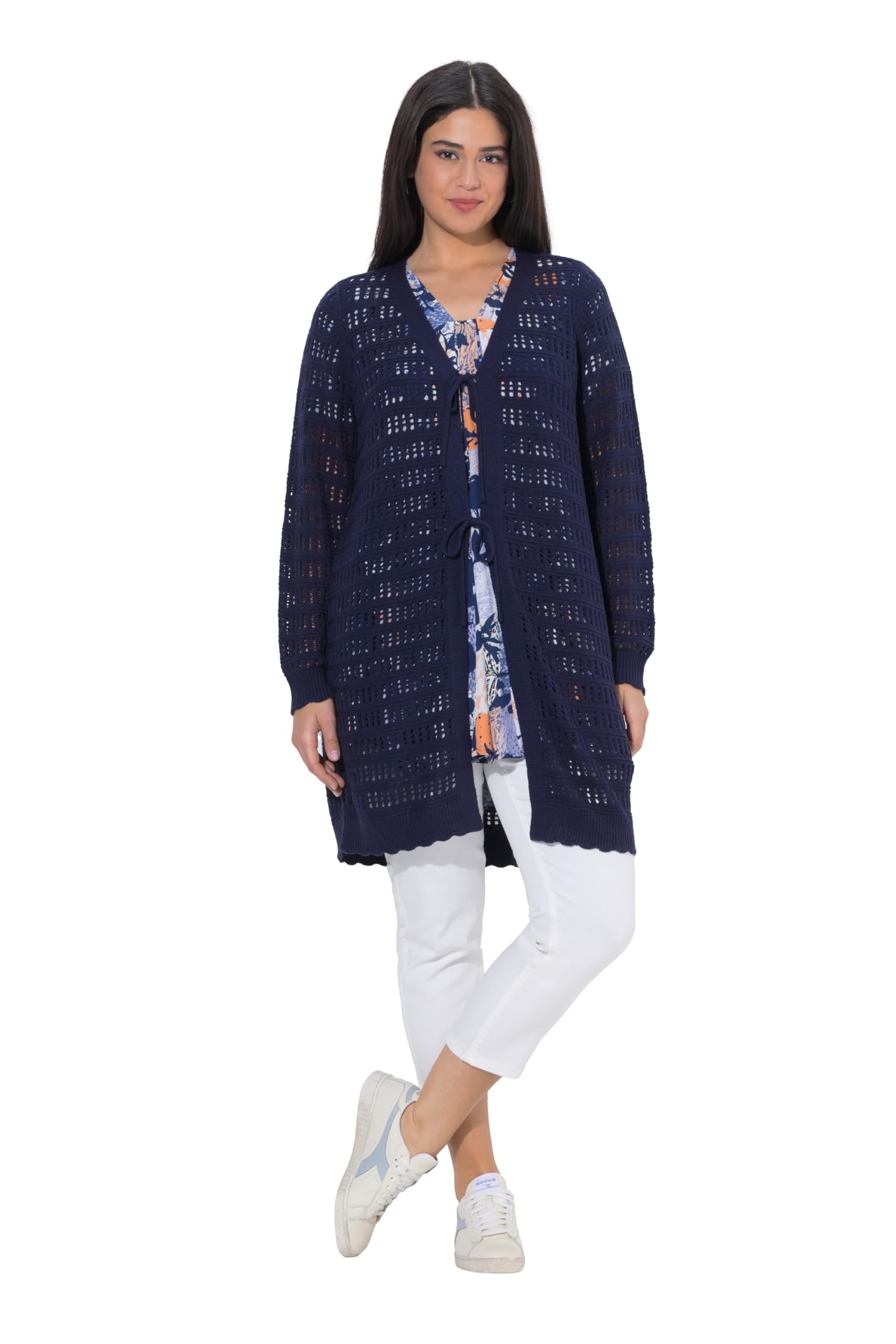 Ulla Popken Damen große Größen Übergrößen Plus Size Long-Strickjacke, Band-Verschluss, V-Ausschnitt, Langarm 847461