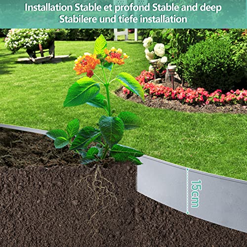 Vigevee Rasenkante verzinkt Metall, 5m 10m 15m 20m 25m 30m 35m 40m 45m 50m 100x15cm oder 100x18cm Beeteinfassung Mähkante Palisade Gartenbeet, Silber (Länge 5m - Höhe 15cm)