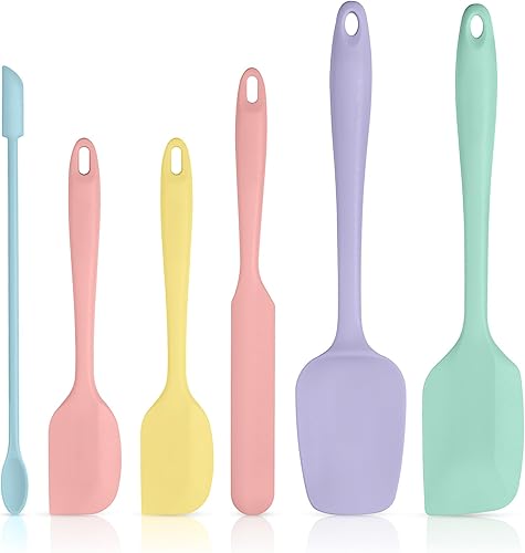 Tomorotec Paquete de 6 espátulas de silicona de varios tamaños, 5 colores macarrones, diseño de una sola pieza, bordes flexibles antiarañazos para