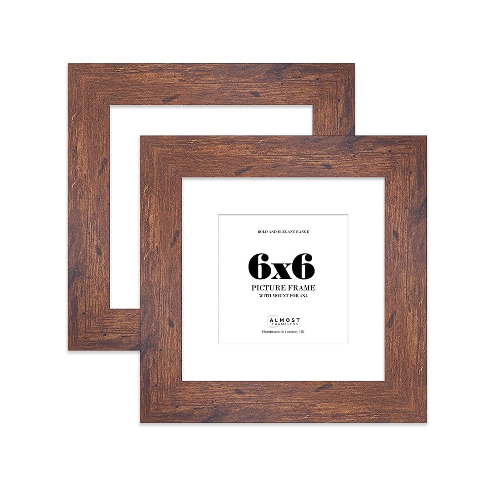 6x6" Rustic Wood Square Frame With Mount for 4x4" Pictures 28mm Edge Frame Display with Wall Hooks and Kickstand, 2 Pack
