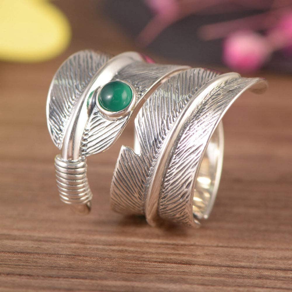 Frauen einstellbarer Ring, S925 Eingelegtes grüne Achatfedern Neuheit Open Finger Ring für Hochzeits Geburtstagsfeier Schmuck
