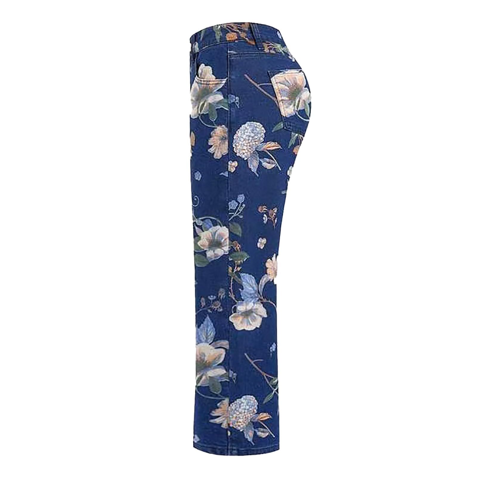 Pantalones vaqueros elásticos para mujer, pierna ancha, con estampado, cintura alta, versátiles, largos, cómodos, informales, de senderismo, tallas grandes, pantalones deportivos sueltos, ligeros con