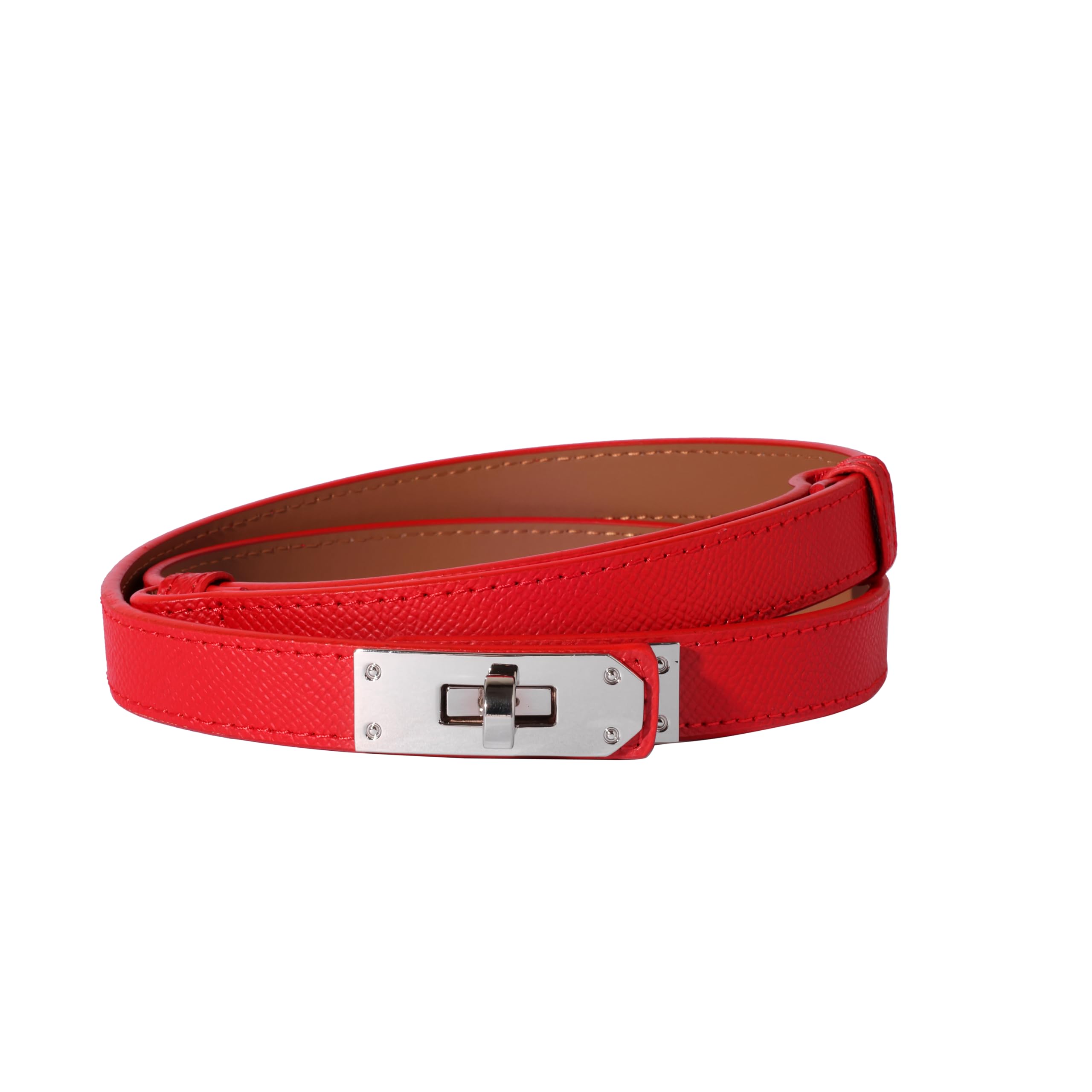 Ovekaut Women Skinny Leather Belt Solid Color Alloy Turn Lock Adjustable Waistband for Dresses Jeans Coats, Red-silver, Adjustable
