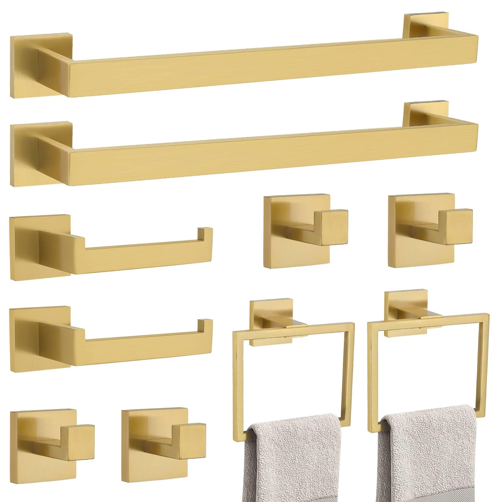 TNOMS Brushed Gold 10 Pieces Bathroom Hardware Accessories Set Towel Bar Set Towel Holder&Racks Set for Bathroom,SUS304 Stainless Steel,Wall Mounted