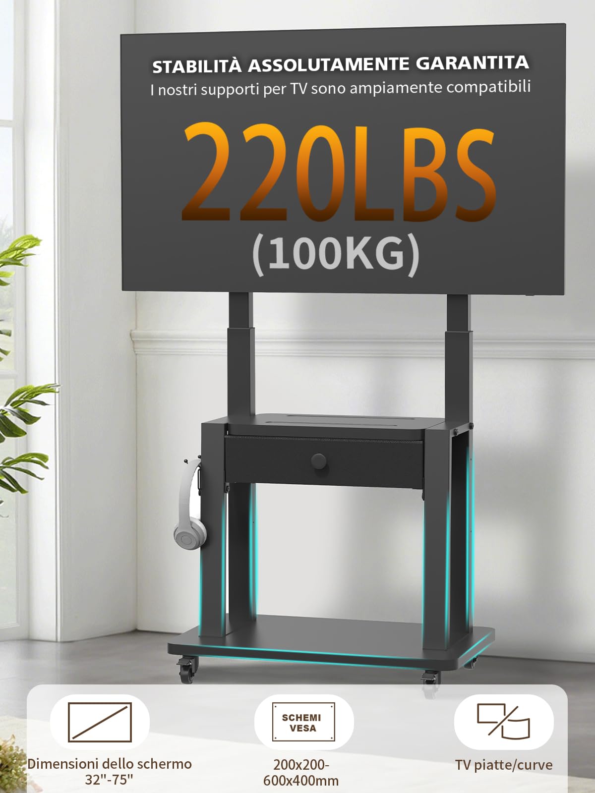 Maiproo Supporto TV con cassetto in tessuto per schermi piatti e curvi da 32 a 75 pollici, regolabile in altezza, LCD/LED/OLED, con vano portaoggetti, carrello mobile per TV su ruote fino a 100 kg