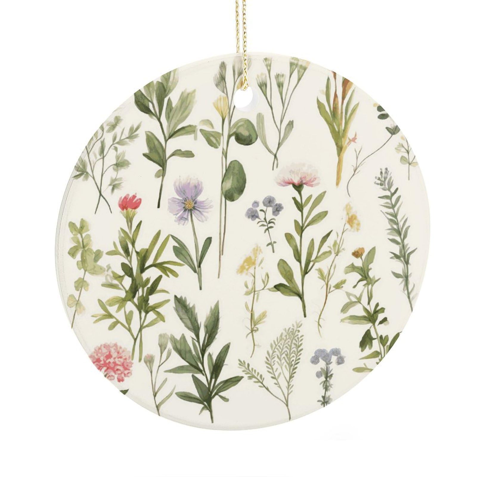 Adfgyerh Style Season Watercolors Of Herbs Flowersb Ceramic Circular Pendant,2.9 Inch，Hanging Ornament，Gift Exchange Idea Round Ceramic Ornament,For Mom And Daughter，For Home Indoor Outdoor Decor.