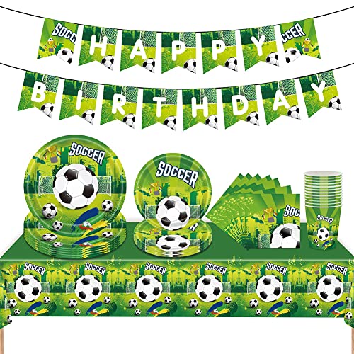 Amycute 82 PCS Decoración de Fiesta de Cumpleaños de Fútbol, Vajilla Fútbol Adulto Verde, con Vasos Pape Platos Servilletas Mantel Banner, para Football Party Temáticas Decoración Cover