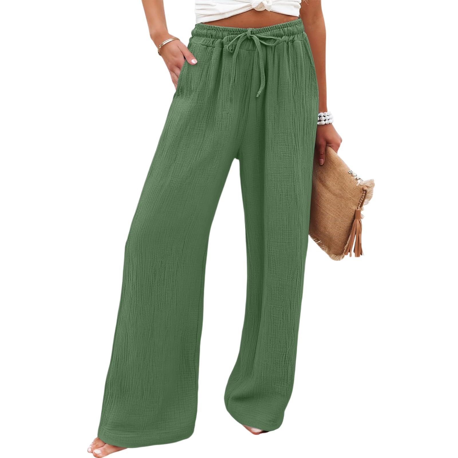 HswsEJ Womens Baggy Wide Leg Pants Dressy Casual Palazzo Summer Cotton Linen Pants Textured Drawstring High Waisted Flowy Long Trousers with Pockets Lounge Travel Boho Beach Cover Up Pant Loose Fit