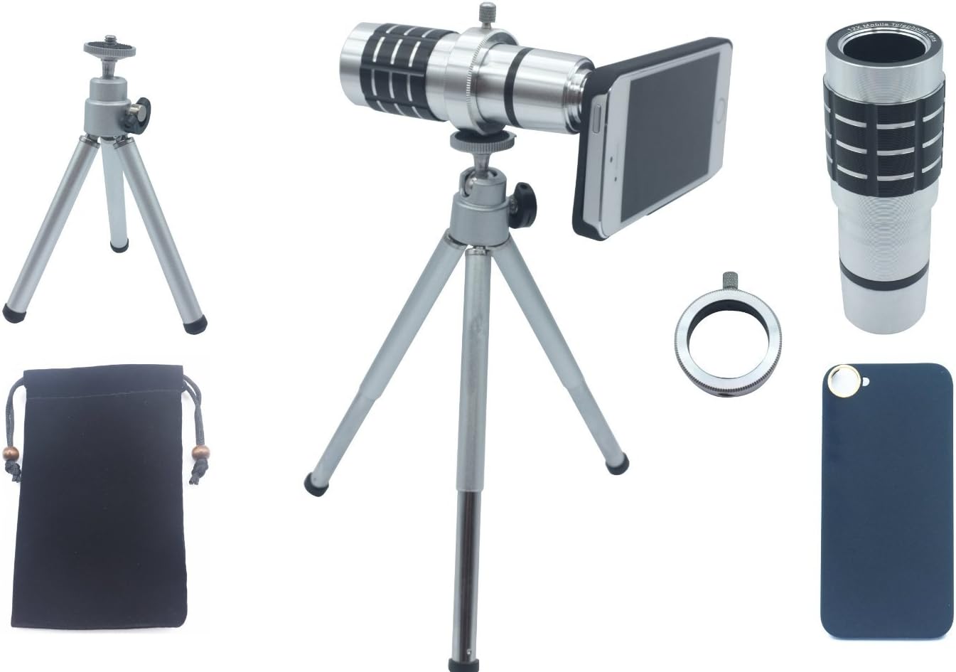 ASone 12x Magnifier Zoom Aluminum Manual Focus Telephoto Telesocpe Phone Camera Lens Kit with Tripod for iPhone4/4s