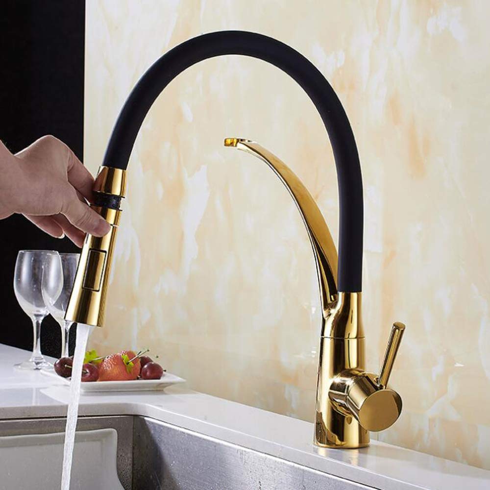 Miscelatore da cucina allungabile in oro e nero con doccetta estraibile, rubinetto da cucina monocomando girevole a 360° in ottone
