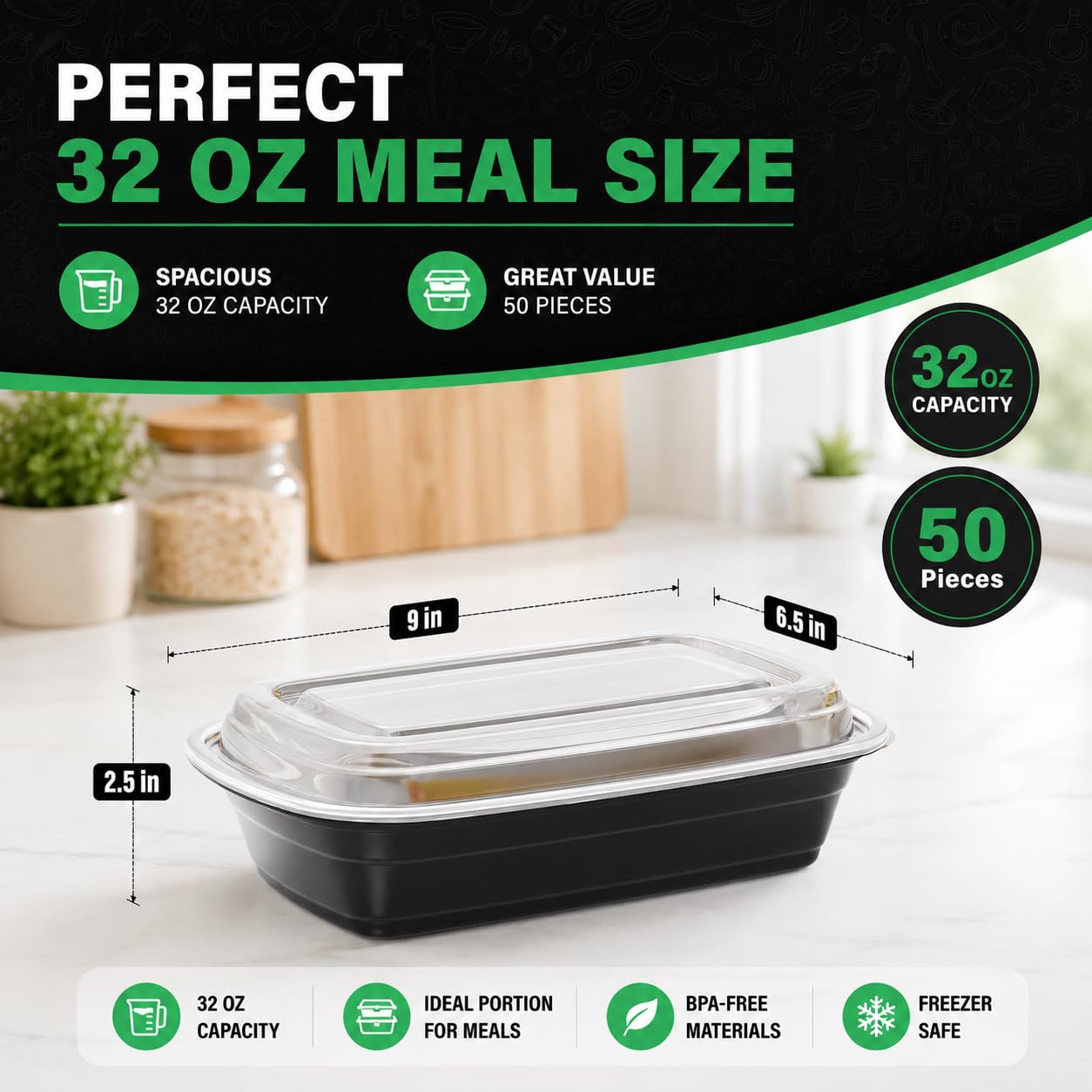 WUHUIXOZ Contenitori per la preparazione dei pasti, confezione da 50 contenitori per alimenti da 907,2 g, con coperchio, usa e getta, riutilizzabili, in plastica, senza BPA, adatti per microonde
