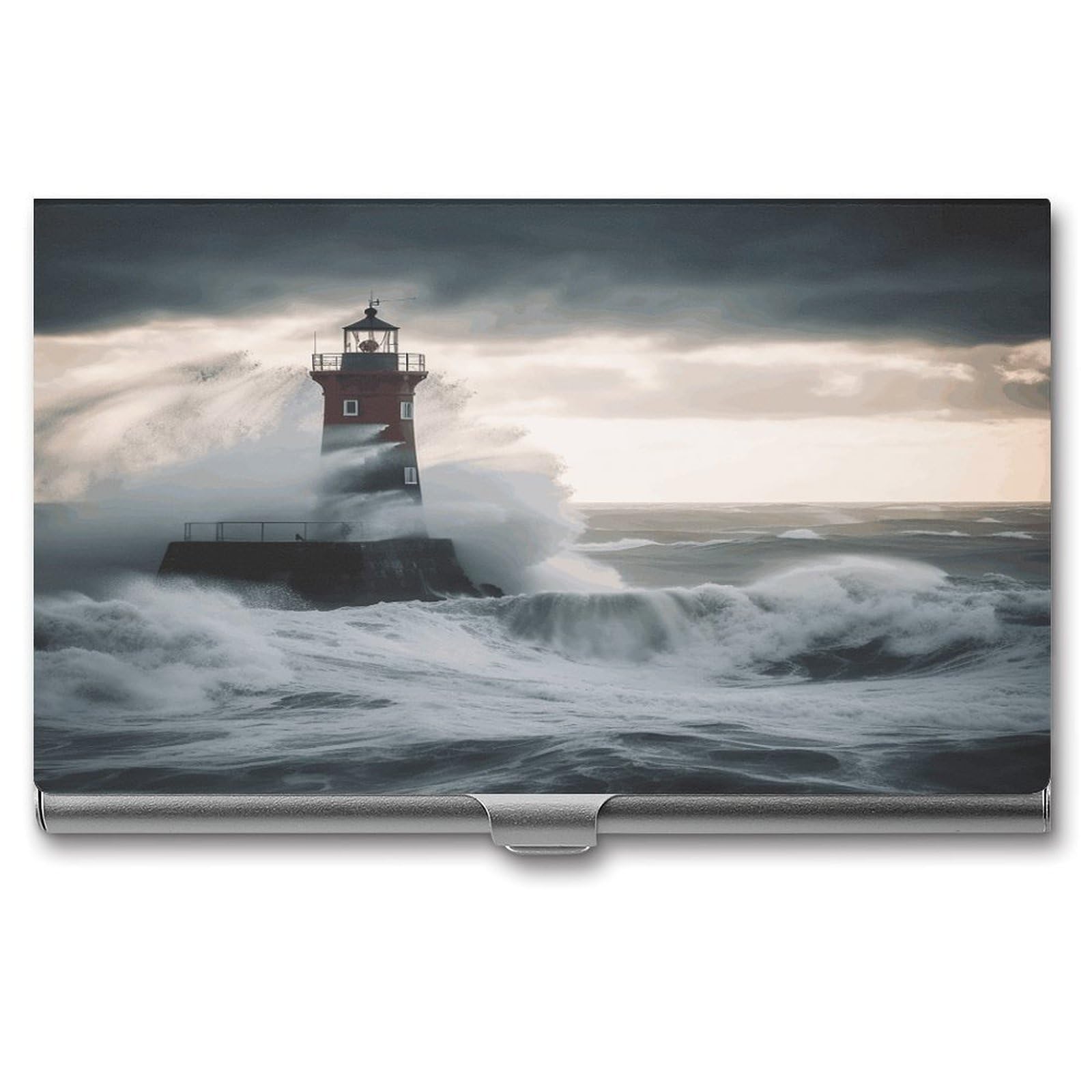 LZQPOEAS Lighthouse In Storm Business Card Holder Aluminum Alloy Flip Cover Slim Name Cards Case Lightweight Business Name Card Holder Case Portable Purse Name Cards Holder