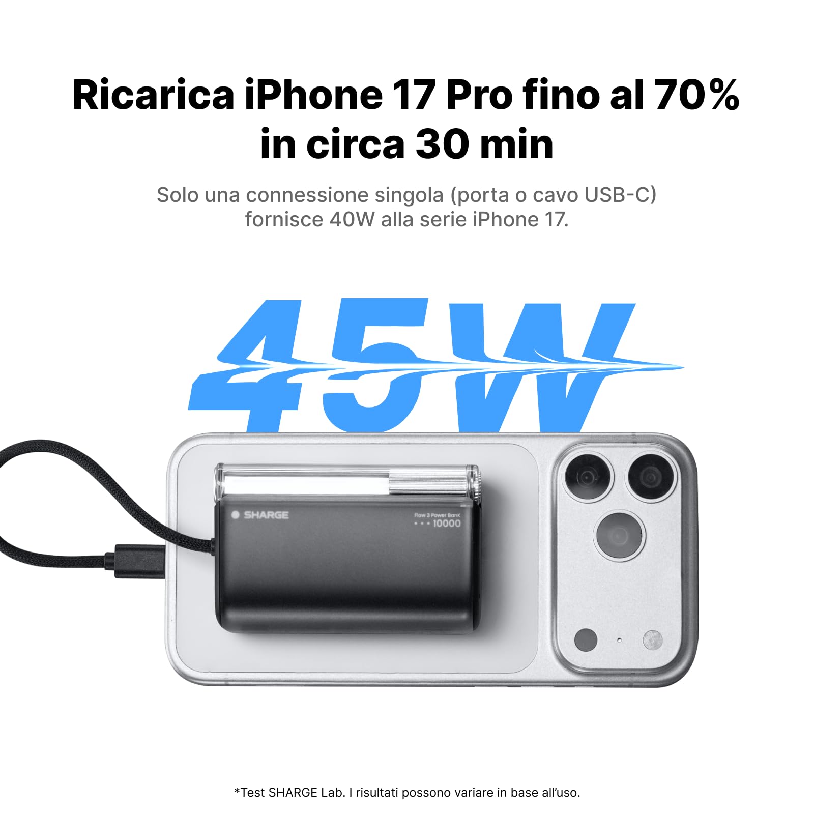 SHARGE 45W Power Bank 10000mAh con Cavo USB C Integrati, Powerbank Piccolo