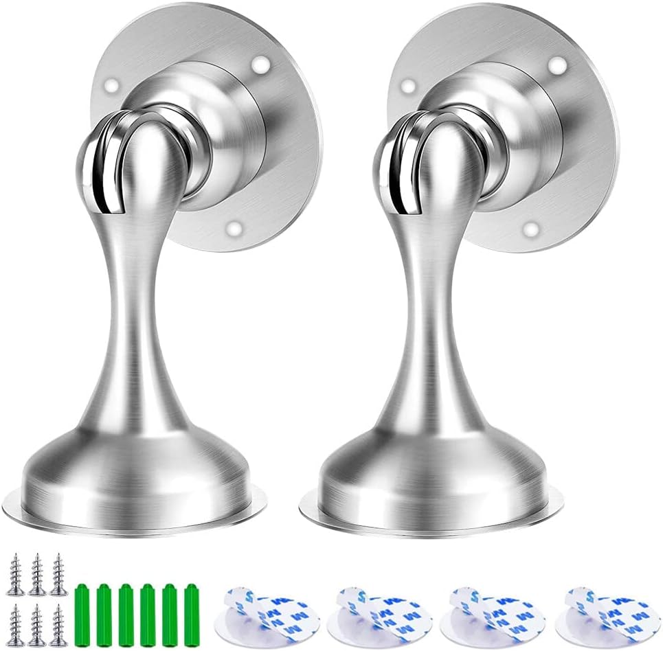 Magnetic Door Stop, 2 Pack Door Stoppers with Catch 3M Self Adhesive/Conceal Screws Mounted, Adhesive Door Stop for Patio, Indoor, Outdoor, Skirting, Floor - Strong Magnet Design (Silver)
