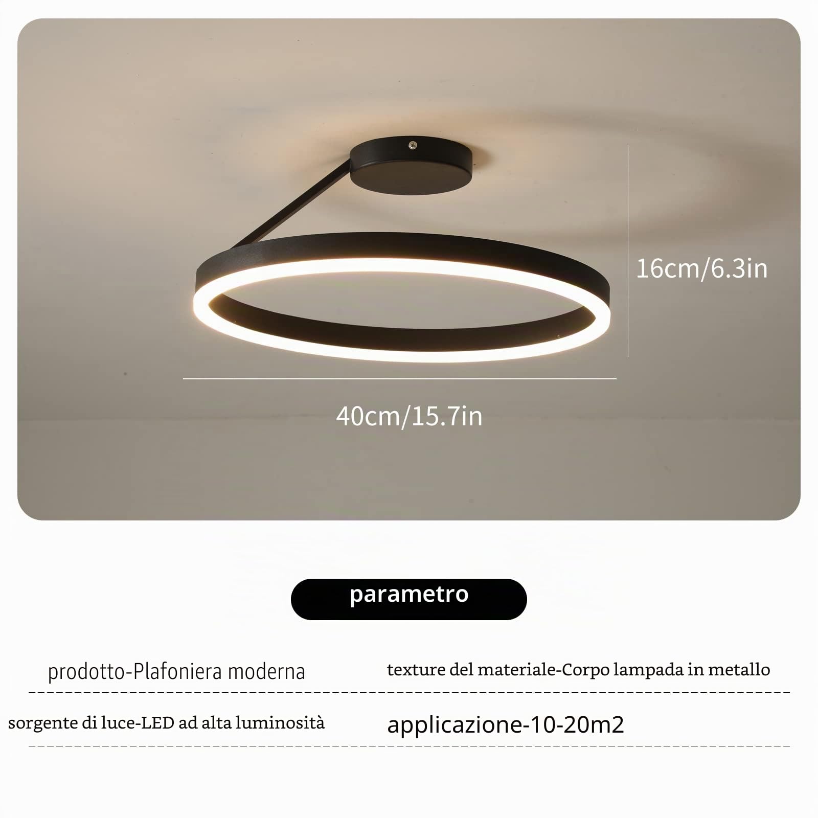 Plafoniera moderna per ristorante a LED Lampada da soffitto di design nordico semplice a cerchio singolo nero, per montaggio a incasso Camera da letto Cucina Illuminazione domestica